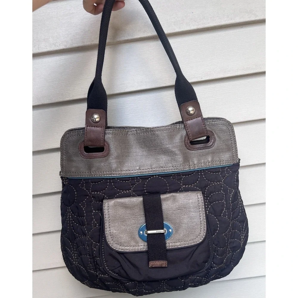 Fossil KEY-PER Black Gray Teal Quilted Fabric Shoulder Bag Satchel